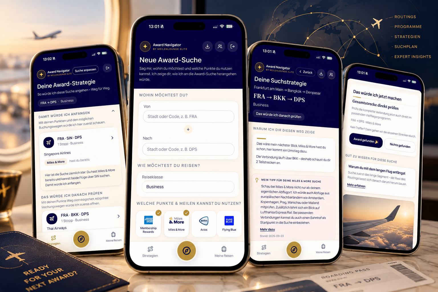 Award Navigator auf vier Smartphones: Eingabe von Reiseziel und Punkten, persönliche Award-Strategien, Rechercheplan und Expertentipps